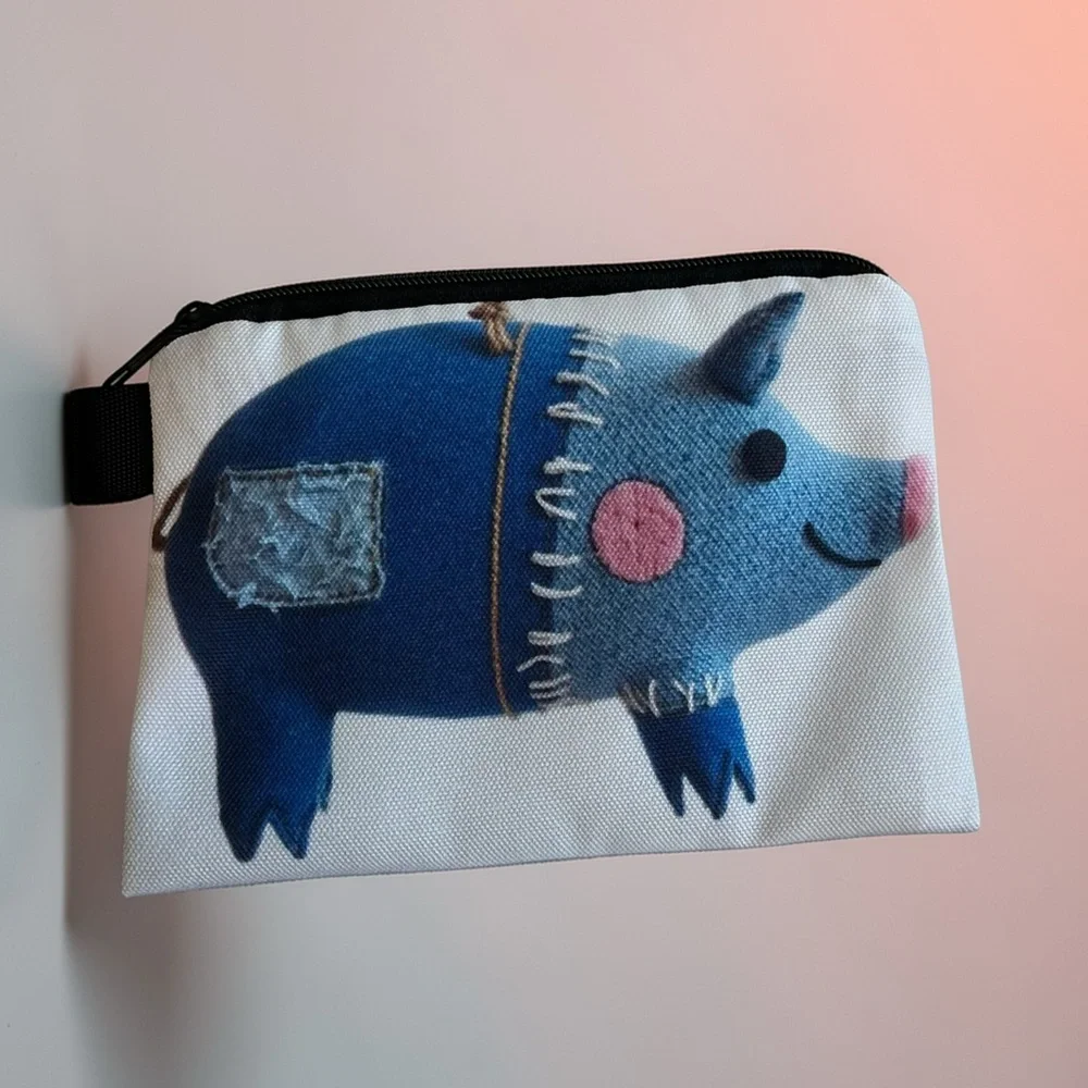 Blue Pig Zipper Pouch Cosmetic Bag Coin Purse Makeup Case NWT